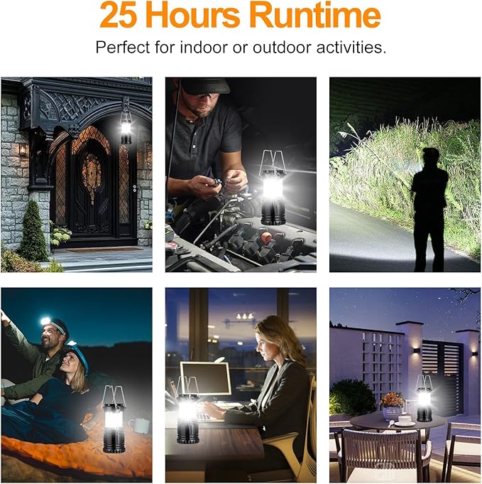 Lantern Camping Essentials Lights, Led Flashlight for Power Outages, Tent Lights for Emergency, Survival Gear and Supplies for Hurricane, Battery Operated Lamp, 4 Pack, Black