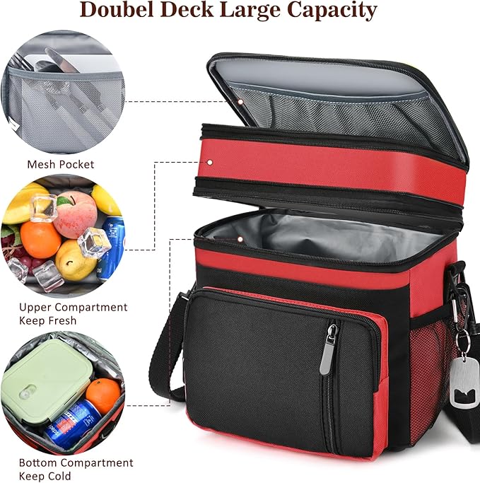 LOKASS Lunch Bag & Lunch Box for Men Women - Double Deck Expandable Insulated Waterproof Leakproof Cooler Bag for Work/Picnic - Red