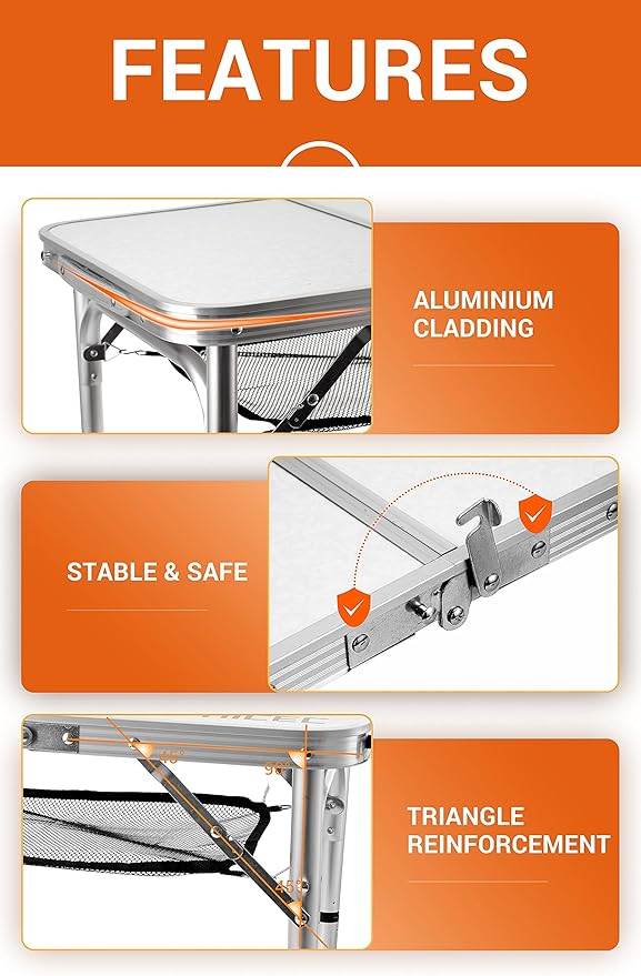 Nice C Card Table, Folding Picnic Table, Small Table, Adjustable Height Folding Table, Camping, Outdoor, Portable Lightweight Aluminum, with Carry Handle for Beach, Indoor, Office (Small)