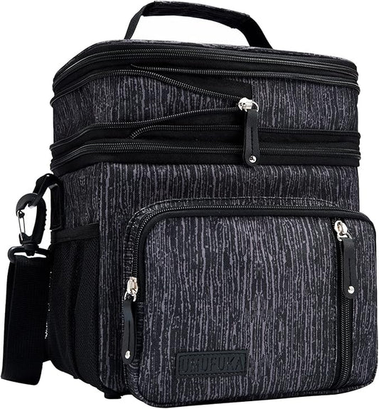 Men's Double Compartment Lunch Bag, Insulated Lunch Cooler Tote 2 Roomy Large Reusable Water-resistant Lunch Box (Blue Print, 15L)