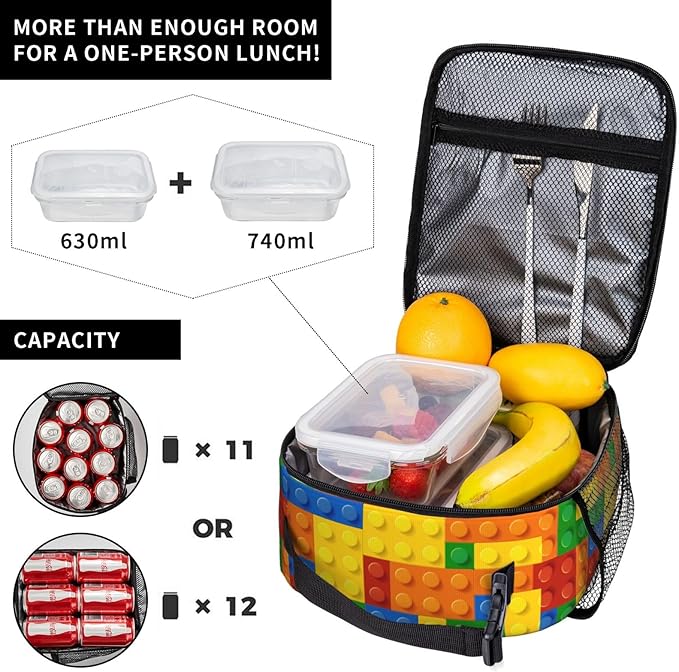 Fun Blocks Colorful Insulated Lunch Bag Reusable Cooler Lunch Box Portable Leakproof Thermal Container Tote Bags for Girls Boys School Travel
