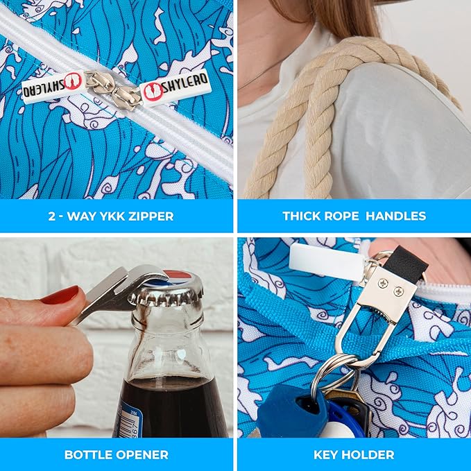 SHYLERO Beach Bag and Pool Bag. Has Airtight Pouch, Ton of Pockets. Beach Tote is Zippered, Water Resistant. Family Size