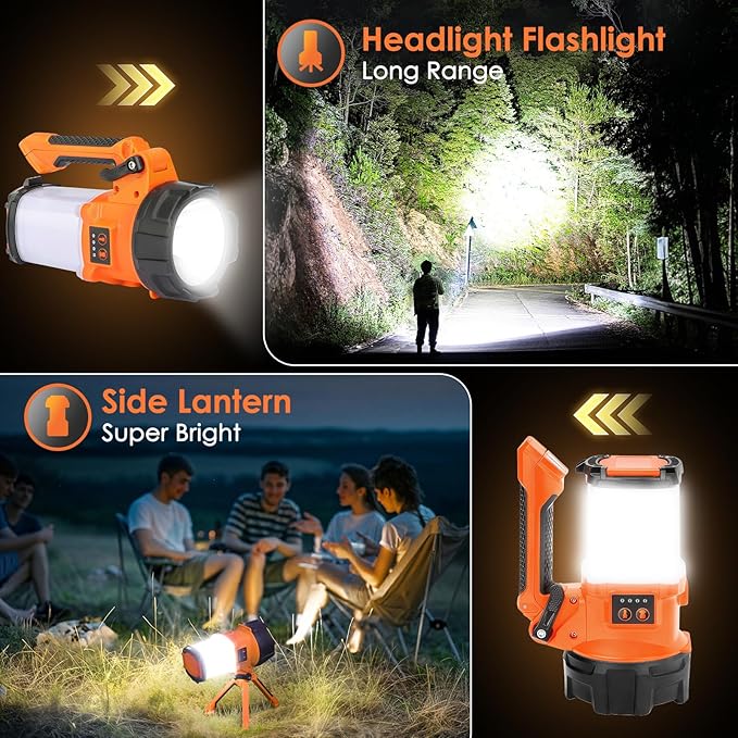 Rechargeable Camping Lantern, 6 Modes LED Flashlight Handheld Spotlight with 2000LM, 4400mAh Power Bank, IPX4 Waterproof Searchlight Work Light for Emergency Hiking Survival Kits