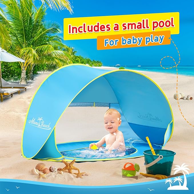 Monobeach Baby Beach Tent with Sun Hat Pop Up Portable Shade Pool UPF50+ UV Protection Sun Shelter for Infant with Easy Set Up Canopy (Blue)