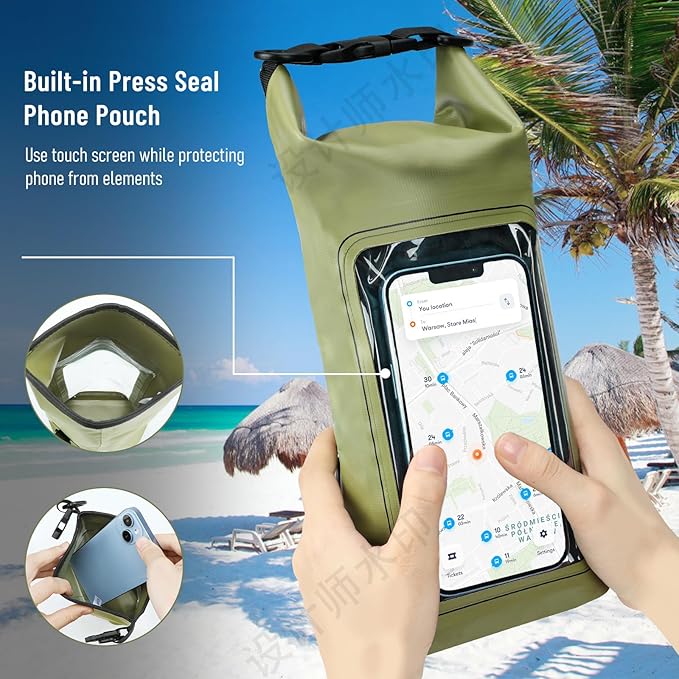 Waterproof Dry Bag, Beach Phone Bag 2L Roll Top Waterproof Backpack w/Phone Case/Pouch, Lightweight Dry Storage for Travel Swimming Boating Kayaking Camping Beach Fishing Rafting (Green)