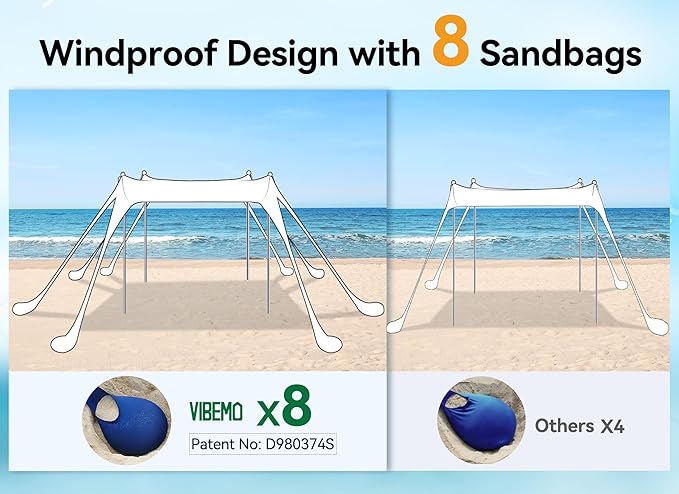 Beach Tent, Beach Canopy Sun Shade with UPF50+ UV Protection, 10x10ft, Includes 8 Sandbags, Sand Shovel, Ground Pegs & 4 Stability Poles, Pop Up Sun Shelter for Camping, Picnics, Backyard Fun