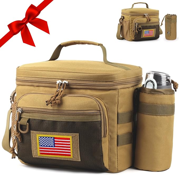 Tactical Reusable Lunch Bag for Men/Women - Insulated Lunch Box Leakproof Lunch Pail Freezable with Adjustable Shoulder Strap,Lunch Cooler Bag for Work Office Picnic Beach，Brown