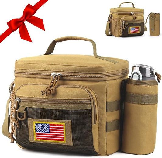 Tactical Reusable Lunch Bag for Men/Women - Insulated Lunch Box Leakproof Lunch Pail Freezable with Adjustable Shoulder Strap,Lunch Cooler Bag for Work Office Picnic Beach，Brown
