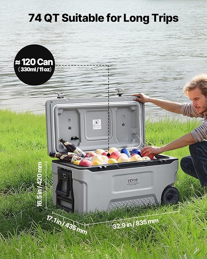 VEVOR Ultra-Light Hard Cooler, Ice Retention Cooler with Heavy Duty Handle, Ice Chest Lunch Box for Camping, Travel, Outdoor, Keeps Cool for up to 6 Days, 30% Lighter Than Rotomolded Coolers