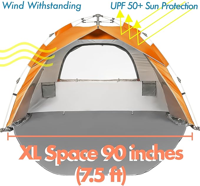 Beach Tent Pop Up Beach Sun Shade Tent with UPF 50+ UV Protection, Removable Floor Zippered Privacy & Ventilation Sun Shelter Family 3 to 4 Person