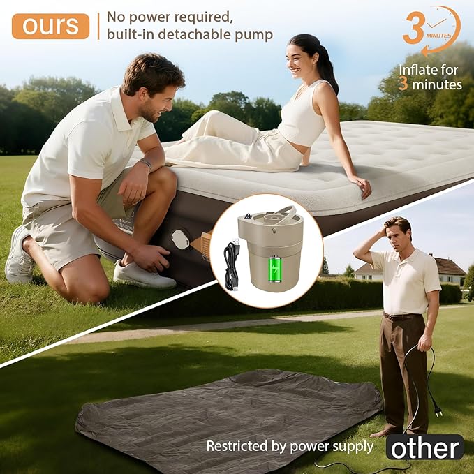 Queen Size Airbed with Detachable Rechargeable Pump - for Camping & Home Use, Portable Design, Supports up to 660 lbs MAX