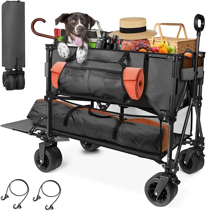 HOPERAN 400L XL Wagons Carts Foldable, 54" Extra Length Double Decker Collapsible Wagon Cart with Tailgate, 8" Big All-Terrain Wheels, 550lbs Load Utility Grocery Cart for Camping,Sports,Beach