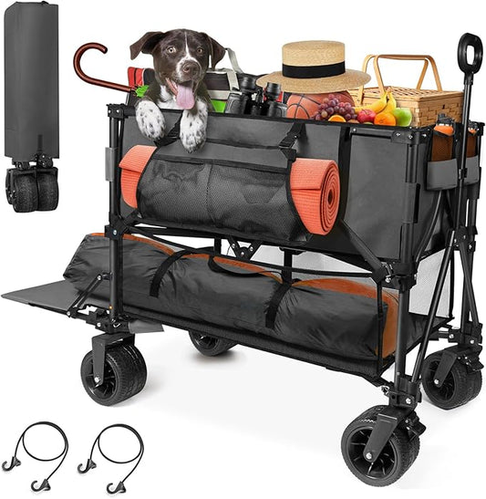 HOPERAN 400L XL Wagons Carts Foldable, 54" Extra Length Double Decker Collapsible Wagon Cart with Tailgate, 8" Big All-Terrain Wheels, 550lbs Load Utility Grocery Cart for Camping,Sports,Beach
