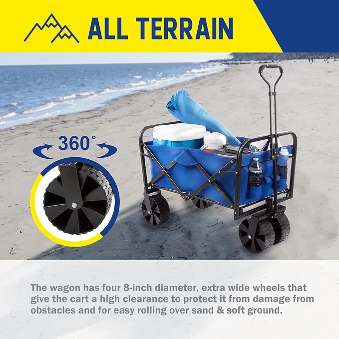 Wakeman Outdoors 75-CMP1097 Folding Wagon – Collapsible All-Terrain Utility Pull Cart with Extra Wide Wheels for Camping, Beach, Sports or Grocery Shopping