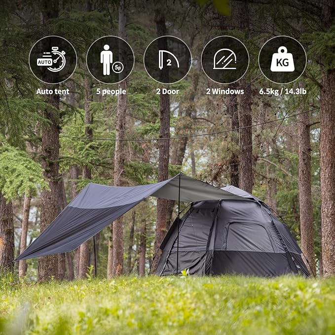 Instant Camping Tent for 4 Person,2 Mesh Windows & 2 Doors,Hexagonal Design,Easy Set Up pop up Tent with Vestibule & Rainfly, Ideal for Family Camp, Outdoor Activity