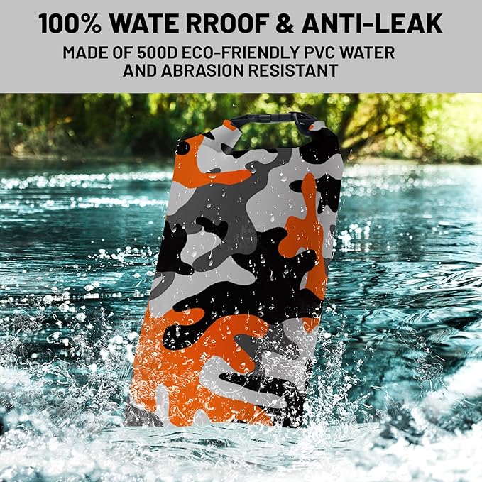Waterproof Dry Bag,Roll Top Orange Camouflage Small Waterproof Backpack 5L/10L/20L Floating and Lightweight Bags for Kayaking, Boating, Fishing, Swimming and Camping with Waterproof Phone Case