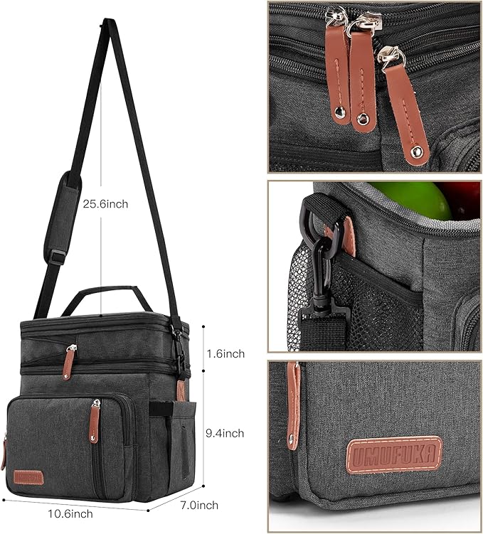 Men's Double/Women's Compartment Lunch bag, Insulated Lunch Cooler Tote 2 Roomy Large Reusable Water-resistant Lunch box (black)