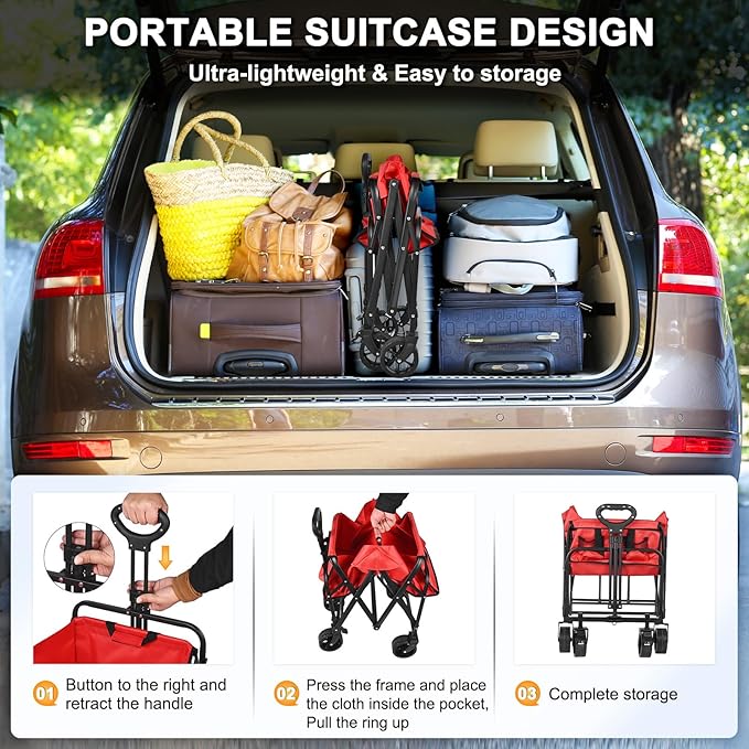 Wagons Carts Foldable, 330LBS Beach Wagon Collapsible with All-Terrain Wheels Portable Utility Folding Cart for Beach/Grocery/Garden/Fishing/Camping/Shopping/Outdoor/Travel, Red