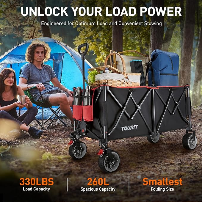 TOURIT 260L Collapsible Foldable Wagon with 330lbs Weight Capacity, Heavy Duty Folding Utility Garden Cart, Beach Wagon with Big All-Terrain Wheels & Drink Holders, Black