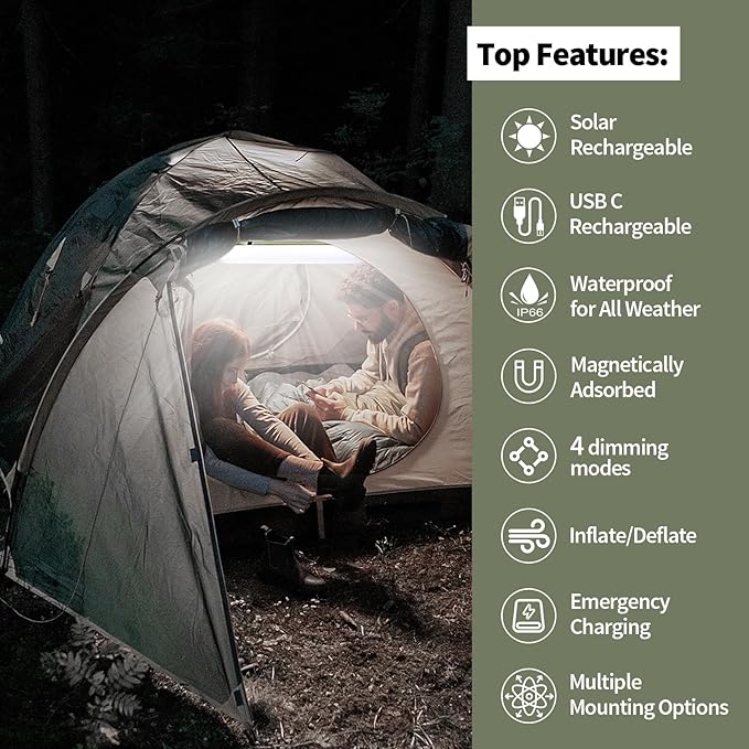 Solar Camping Lights Bars 23.6IN/60CM Tent Lights Rechargeable 2000mAh Foldable Inflatable for Outdoor IP66 Waterproof LED Tube Light for Camping, Hiking, Travel and More