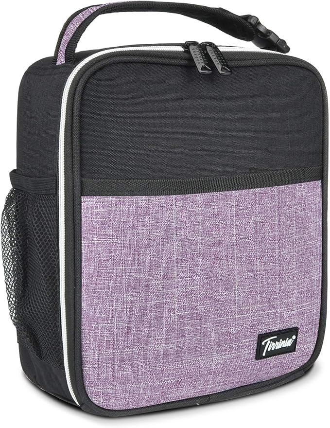 Tirrinia Small Insulated Lunch Bag for Men Women, Splash Proof Mini Portable Reusable Thermal Lunch Box Cooler Tote for Adults & Kids, Black & Purple