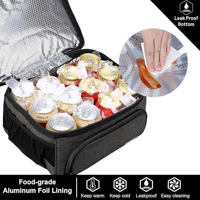 MIER Dual Compartment Lunch Bag Tote with Shoulder Strap for Men and Women Insulated Leakproof Cooler Bag, Dark Grey