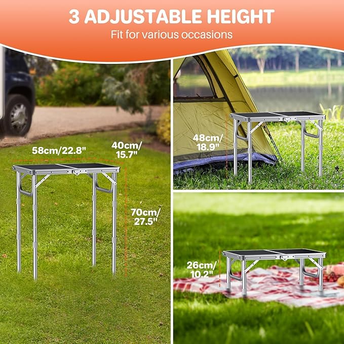 FUNYKICH 2ft Small Folding Camping Table, 3 Height Adjustable Portable Picnic Table, Lightweight Aluminum Outdoor Tables with Carry Handle for Camping, Picnic, BBQ, 58x40cm(L22.8 xW15.7), Silver