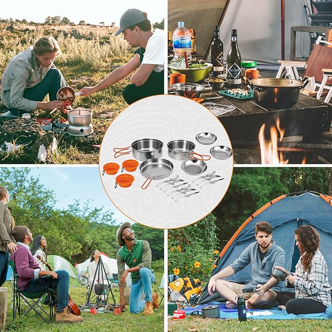 KingCamp Camping Cookware, Lightweight Cook Set Non-Stick Stainless Steel Essentials Mess Kit with Pot Pan Cups Plates Forks Knives Spoons for Camping Backpacking Outdoor Picnic