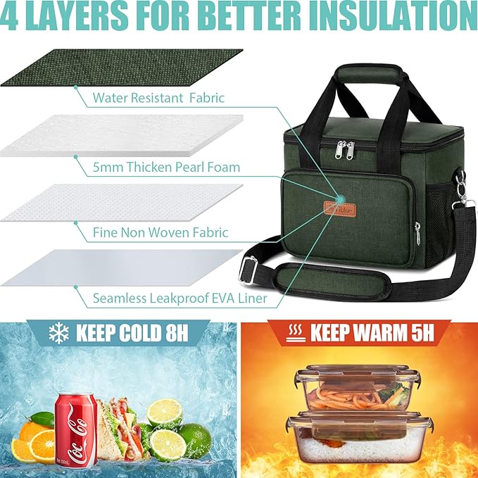 Tiblue Insulated Reusable Lunch Box for Office Work School Picnic Beach, Leakproof Freezable Cooler Bag with Adjustable Shoulder Strap (Medium, Dark green)