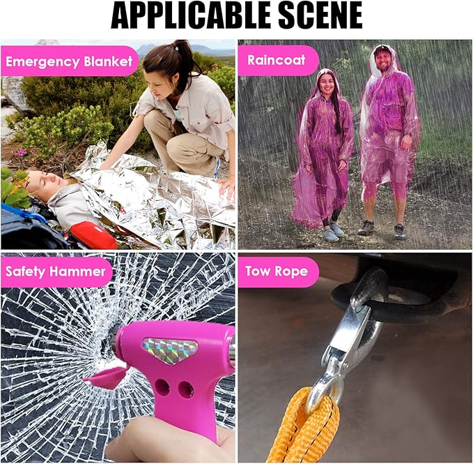 THINKWORK Car Emergency Kit for Teen Girls and Lady's Gifts, Pink Emergency Roadside Assistance Kit with 10FT Jumper, First Aid Kit, LED Flare, Deer Whistles, and More Ideal Pink Accessories Tool