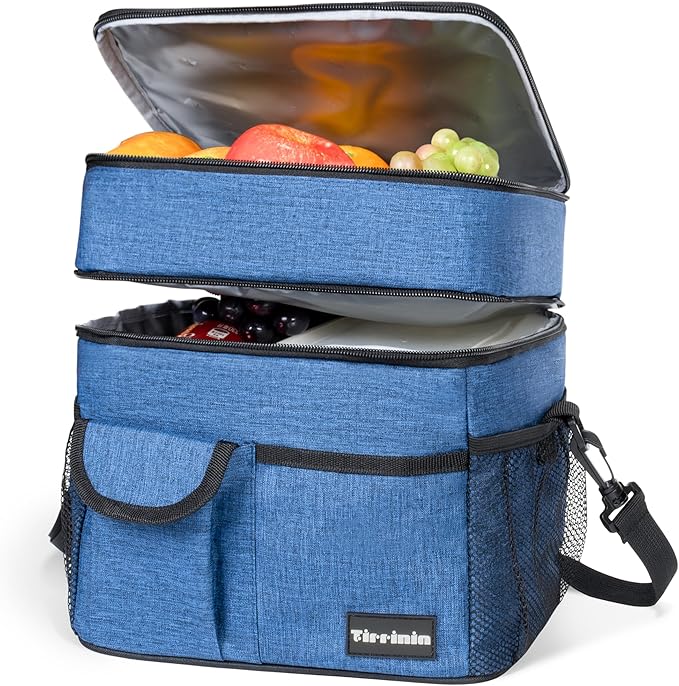 Tirrinia Large Insulated Lunch Box for Women Men, Double-Layer Leak-Proof Reusable Lunch Bag with 4 Pockets for Adult, Lunch Bag Cooler Tote for Office Work and Travel,Dark Blue