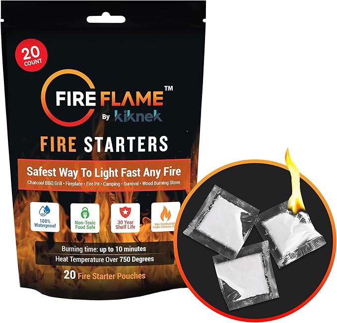 FireFlame Quick Instant Fire Starter -100% Waterproof All-Purpose Indoor & Outdoor FireStarter, for Charcoal Starter, Campfire, Fireplace, Firepit, Smoker - Odorless and Non-Toxic - 20 Pouches in Bag