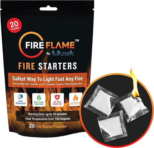 FireFlame Quick Instant Fire Starter -100% Waterproof All-Purpose Indoor & Outdoor FireStarter, for Charcoal Starter, Campfire, Fireplace, Firepit, Smoker - Odorless and Non-Toxic - 20 Pouches in Bag