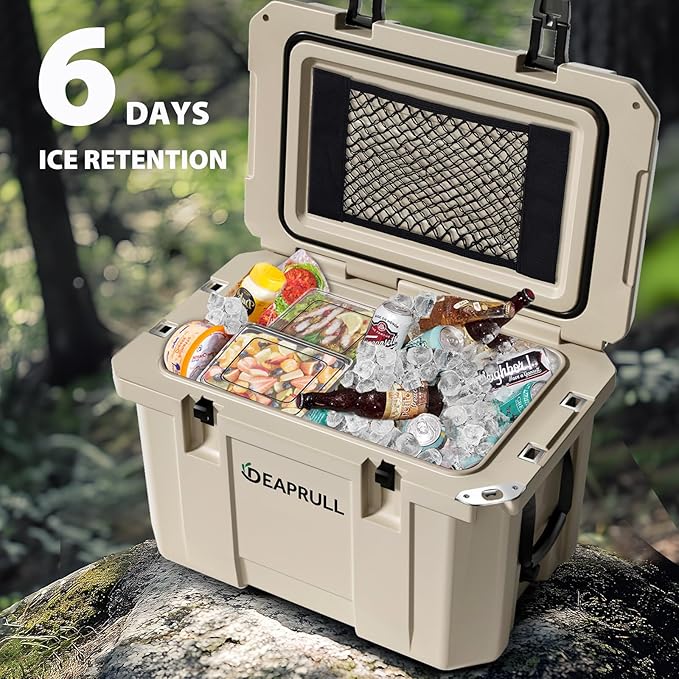 60 Quart Hard Cooler, Insulated Ice Chest Box Holds Ice for up to 6 Days, Portable Cooler with Nylon Rope Handles, Cup Holders, Double Latches for Camping Drink, Beach, Picnic, Fishing, Boat, Barbecue