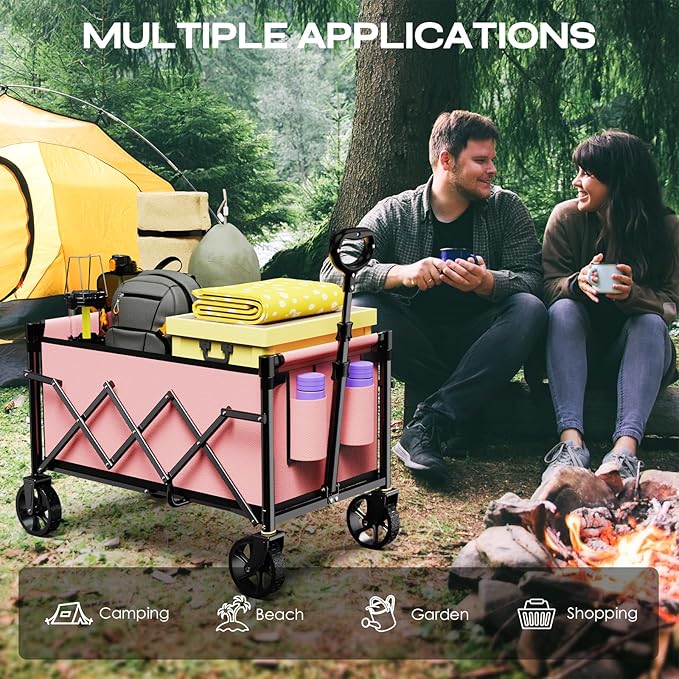 Collapsible Wagon Cart Foldable with 220lbs Weight Capacity, Lightweight Portable Folding Grocery Shopping Cart with Wheels for Camping Sports Beach and Shopping, Pink