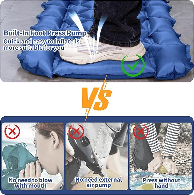 Single Sleeping Pad for Camping, Ultralight Inflatable Sleeping Mat with Pillow and Built-in Foot Pump, Portable Camping Mattress for Tent, Backpacking, Hiking, Traveling (Single,Blue)