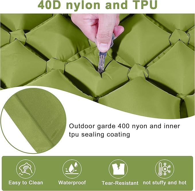 Double Camping Pads for Sleeping, Ultralight Floor Mattresses for Sleeping with Built-in Pillow Foot Pump, Mattress Foldable for Tent, Backpacking, Hiking, Car Traveling, Army Green