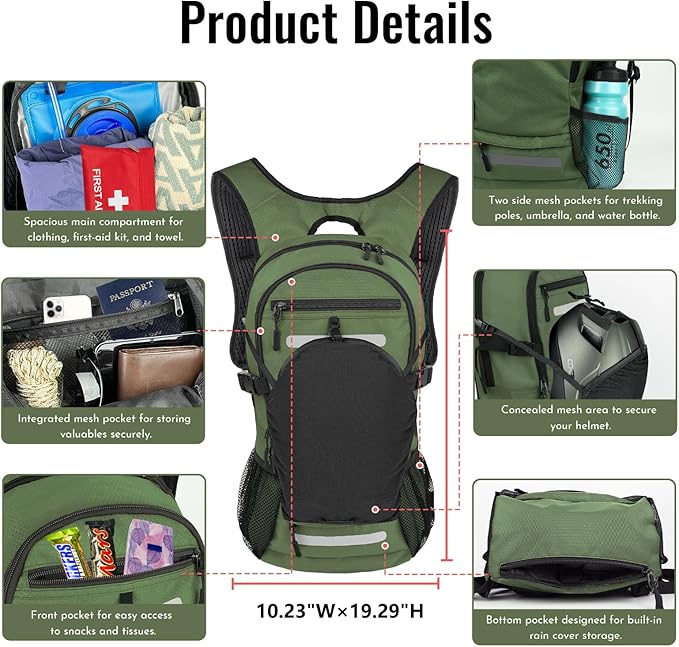 Zavothy 18L Hydration Backpack with 3L Water Bladder – Waterproof Hiking Pack with Insulated Bladder Compartment, Hidden Helmet Holder & Rain Cover – for Running, Cycling, and Camping