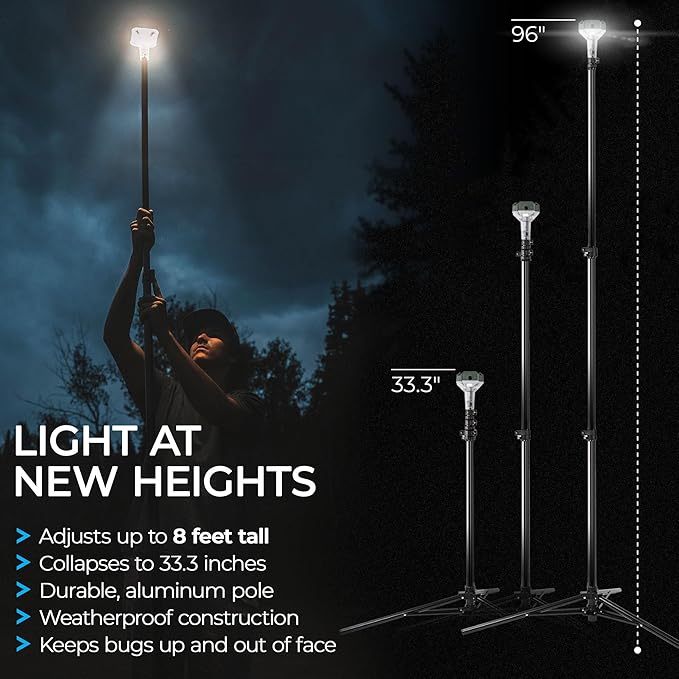 DEVOS - LightRanger 800 Telescoping Camp Light, 8 ft Tall with 800 lumens, Rechargeable LED Lantern, Up to 30-Hour Runtime, 1-Year Warranty, Includes Carry Case