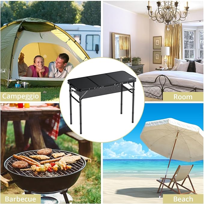 Folding Camping Table with Storage Net, 3ft Camping Table Aluminum Folding Table with 3 Adjustable Height Max 27.1 Inch Picnic Table Portable Table for Outdoor Backyard BBQ, Pure Black