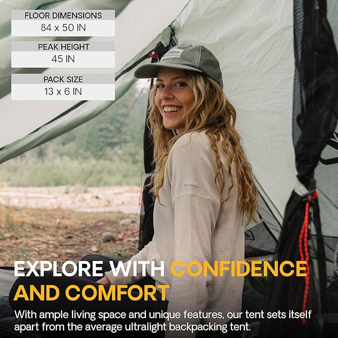Featherstone Backbone Ultralight Tent for Backpacking, Camping, Thru Hiking - Trekking Pole Backpacking Tent - Waterproof, Single-Wall, Durable Shelter - Compact, Light, & Easy to Carry
