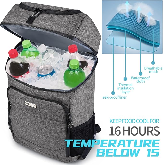 BAGLHER Lightweight Insulated Cooler Backpack - 30 Cans, Leak-Proof for Lunch, Picnic, Hiking, Camping Trips