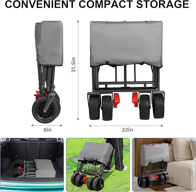 Collapsible Canopy Wagon - Heavy Duty Utility Outdoor Foldable Garden Cart - with Adjustable Push Pulling Handles,Big Wheels for Sand, for Shopping, Picnic, Camping, Sports - Grey