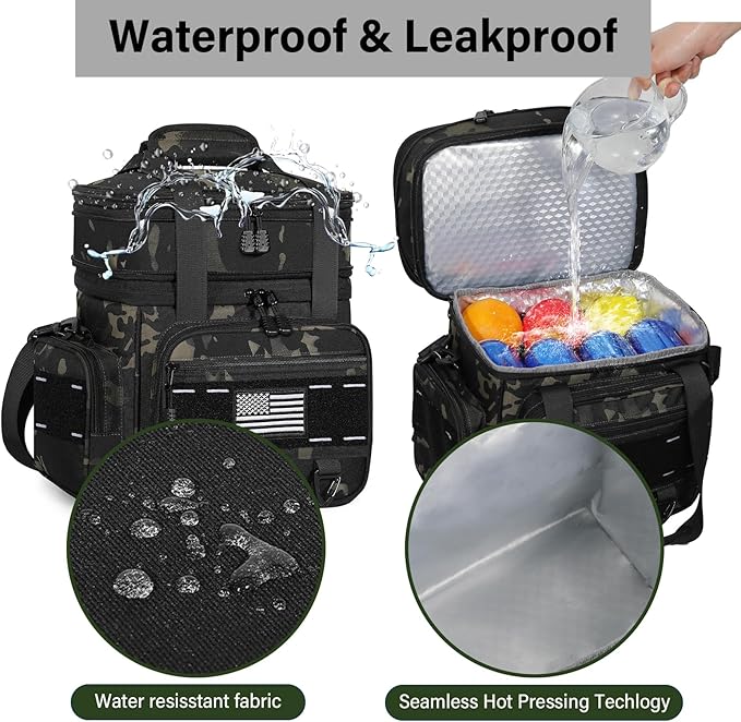 Expandable Tactical Lunch Box, Large Insulated Lunch Cooler Bag Heavy Duty Leakproof Lunch Pail for Men Adults Work Office Outdoor Picnic Trips,16L,Black-Camo
