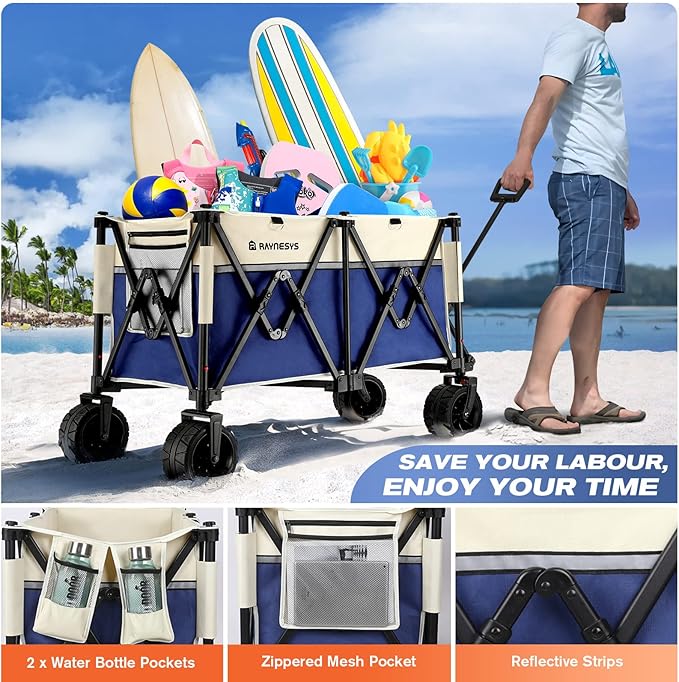 Beach Wagon Carts with Big Wheels for Sand, Raynesys 440 lbs Heavy Duty Foldable Wagon with 200L Capacity, All Terrain Utility Wagon, Beige+Blue