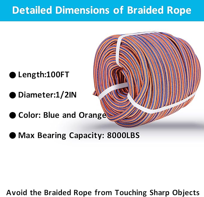 Arborist Tree Rope, 1/2inch by 100FT, 12 Strand Bull Rope up to 8000lbs Tensile Strength, Blue and Orange