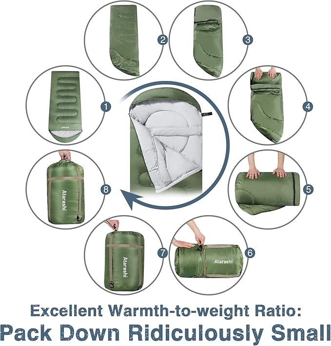Atarashi Camping Sleeping Bag- 4 Seasons for Adults, Light, Warm, Extra-Large with Compression Sack- Great for Hiking, Backpacking & Outdoor Adventures