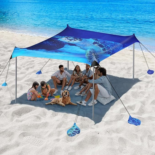 Beach Tent Sun Shelter, 10 x 10 FT Beach Canopy Tent Sun Shade, UPF50+ Beach Tent Canopy with 8 Sandbags & 4 Stability Poles, Outdoor Beach Tent for Beach Camping Fishing, Turtle