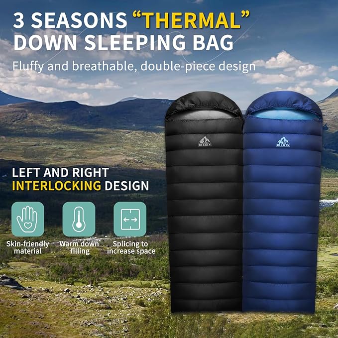Lightweight Sleeping Bag for Adults. 59-24°F.Weighs only 1.85/2.68lb. Down Sleeping Bag for Hiking, Camping, Mountaineering, Adventure and Backpacking.