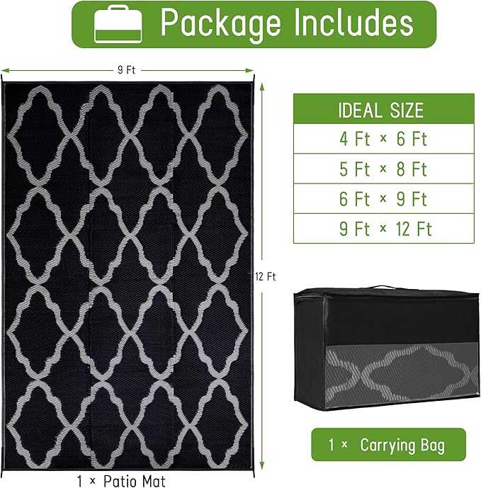 Easy-Going Reversible Outdoor Rugs 9x12ft Waterproof Plastic Straw Rug Stain & UV Resistant Floor Mat for Patio Porch RV Backyard Pool Deck Picnic Beach Trailer Camping (Moroccan Black & Light Grey)